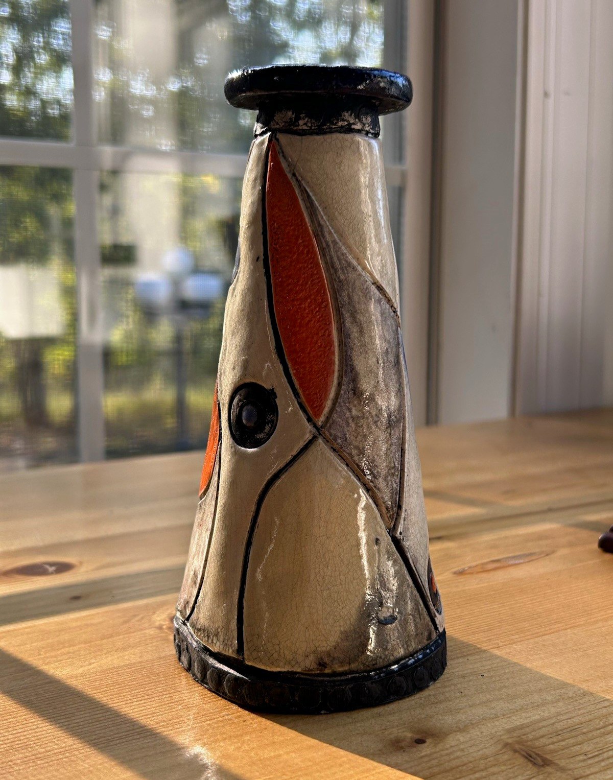 Vintage Modernist Studio Pottery Cone Vase Abstract Cubist Orange Black Glazed Vintage Modernist Studio Pottery Cone Vase Abstract Cubist Orange Black Glazed