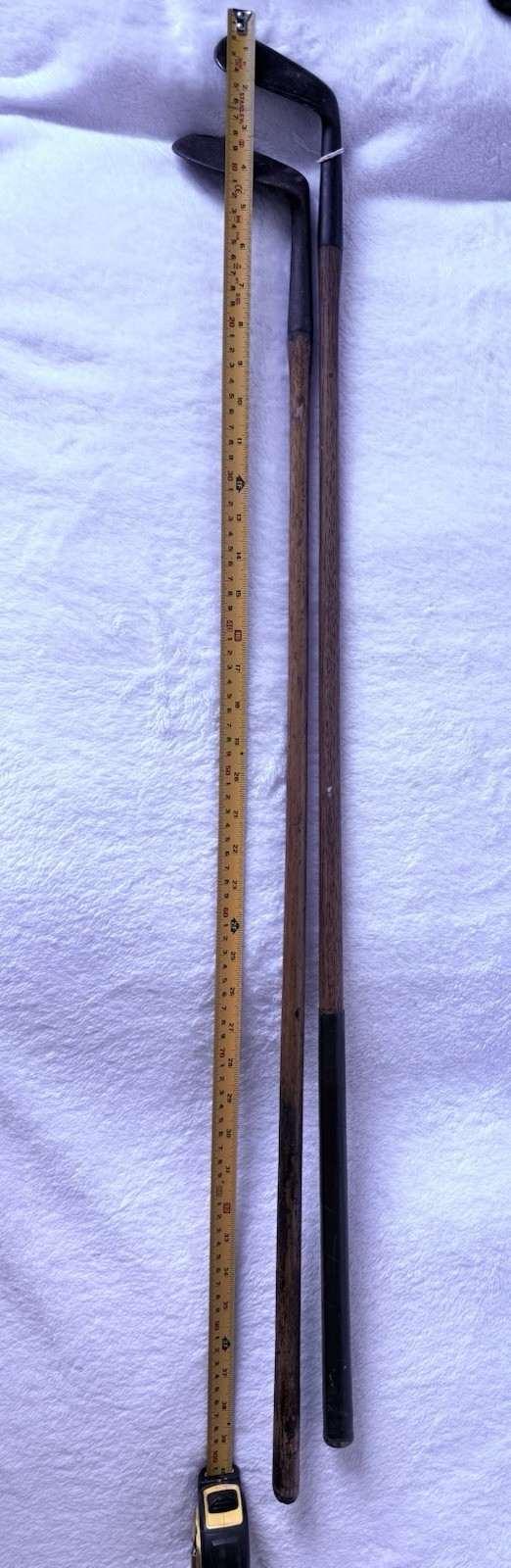 Pair Vintage Wooden Shaft Golf Clubs Heavy Cast Metal Heads Display Prop