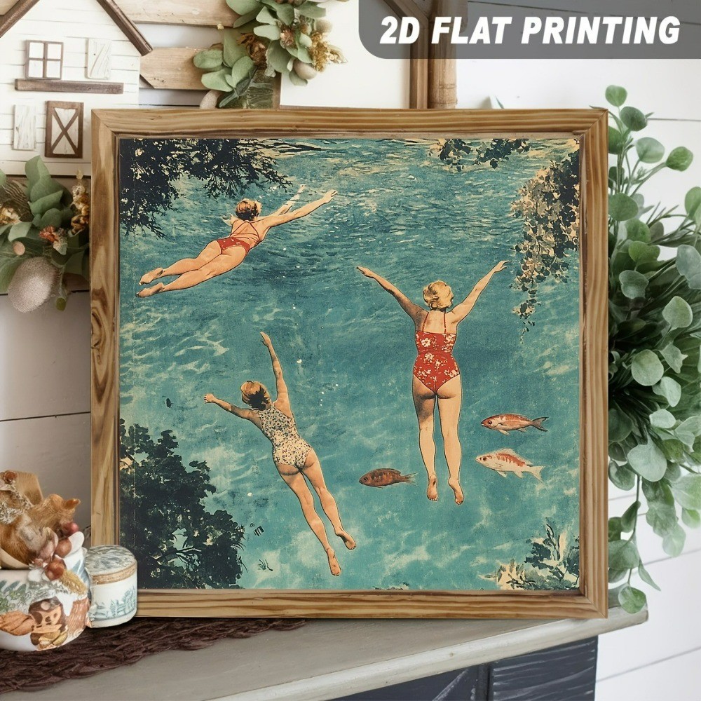 Vintage Woman Diving Underwater Ocean Fish Wooden Sign Decor for Bathroom Gift