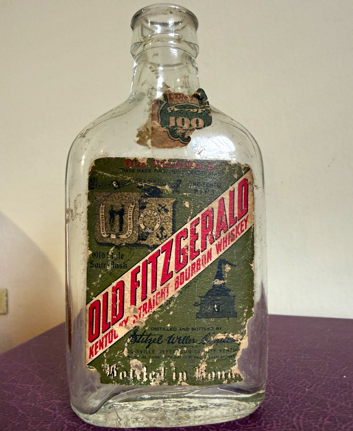 1941 Old Fitzgerald Stitzel Weller Empty 1/10 Pint Flask Bottle Pappy Era