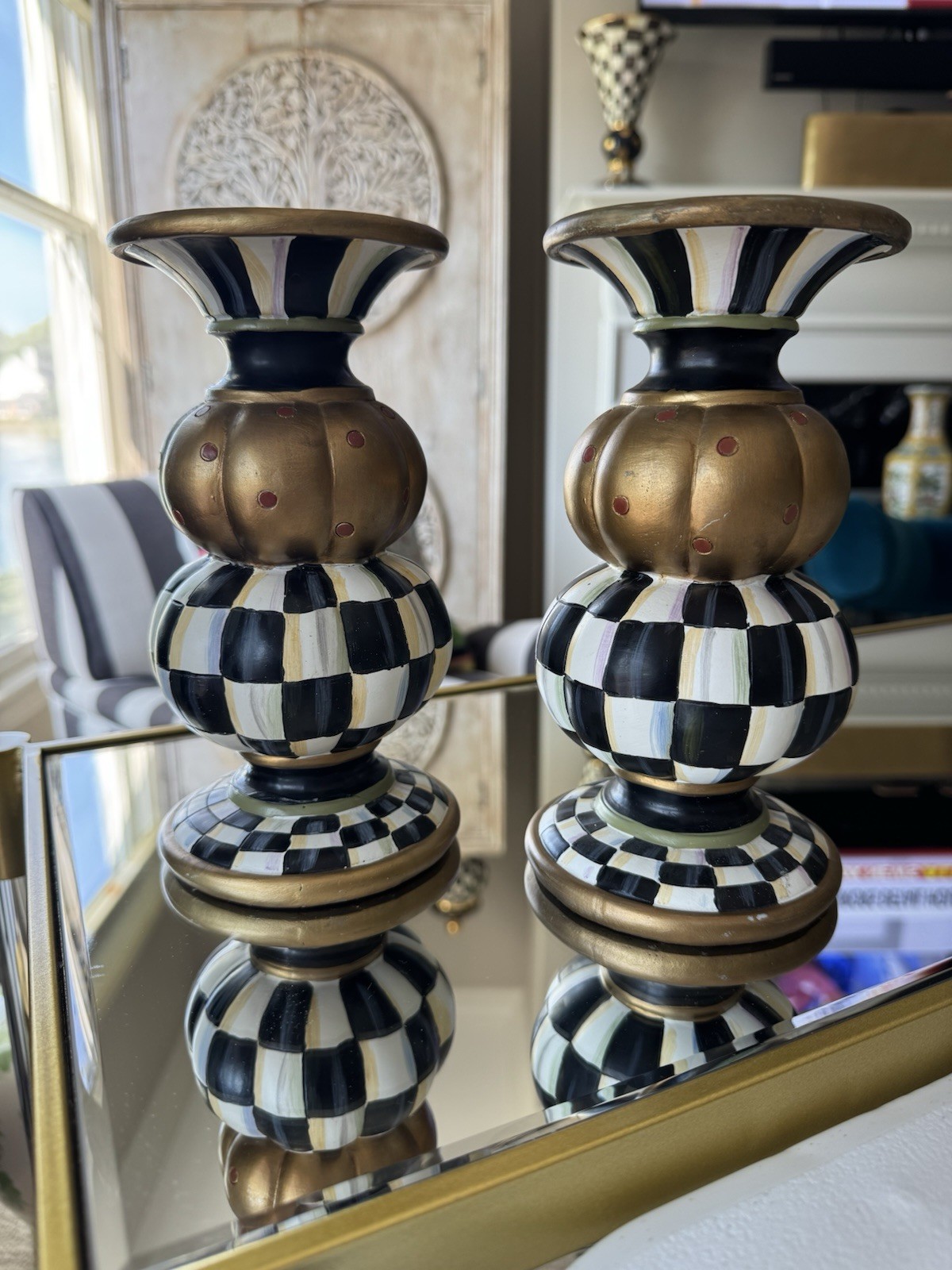 MacKenzie-Childs Set Of 2 Courtly Check Pumpkin Pillar Candle Holders MacKenzie-Childs Set Of 2 Courtly Check Pumpkin Pillar Candle Holders