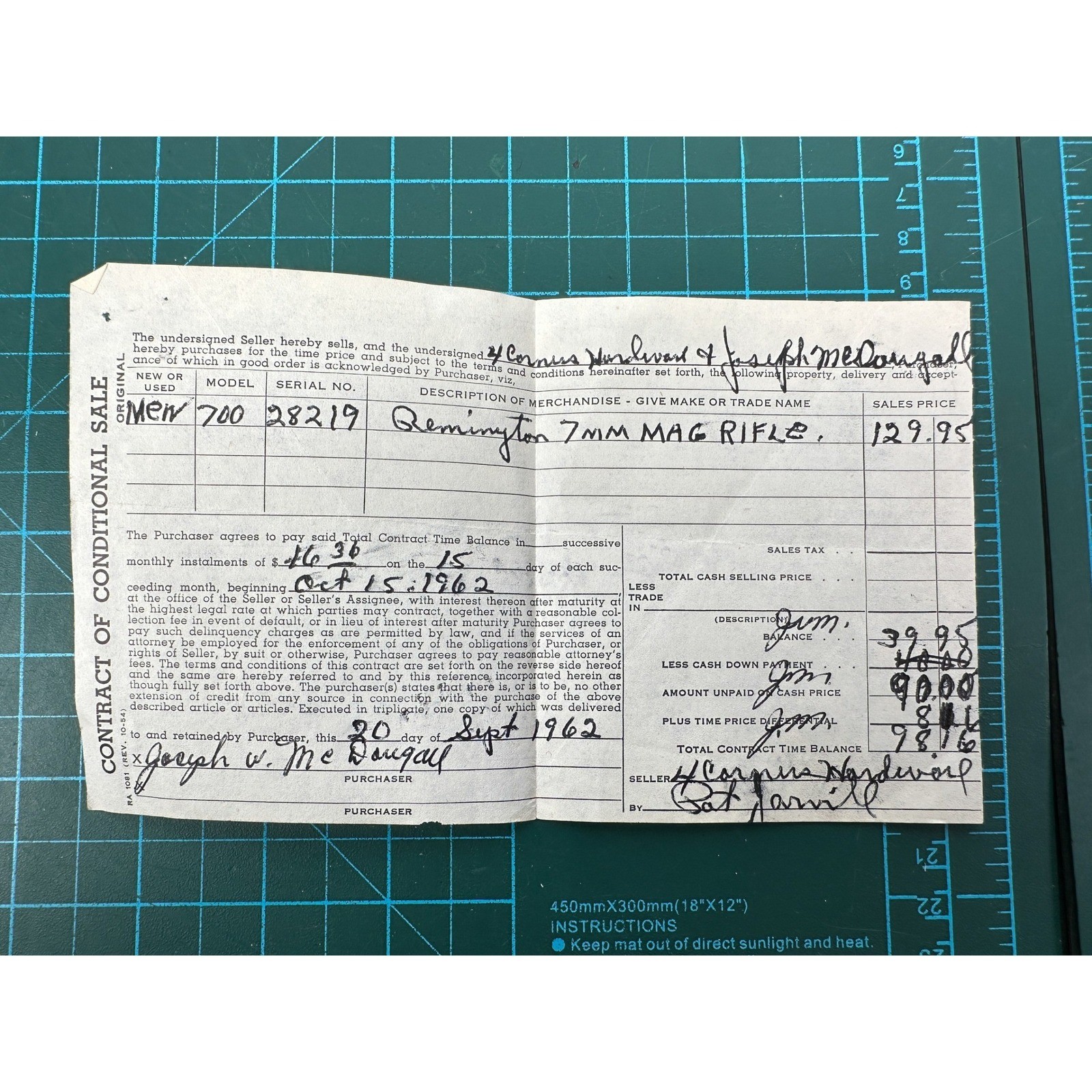 VTG 1962 Remington Model 700 7mm Mag Rifle Bill of Sale Paper Ephemera #28219