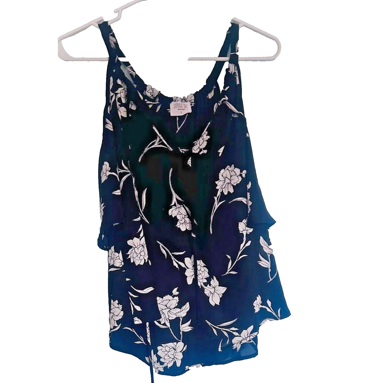 SIENNA SKY Cold ShoulderTop 3/4 Sleeves, White Floral/Black Background NWOT PM-5