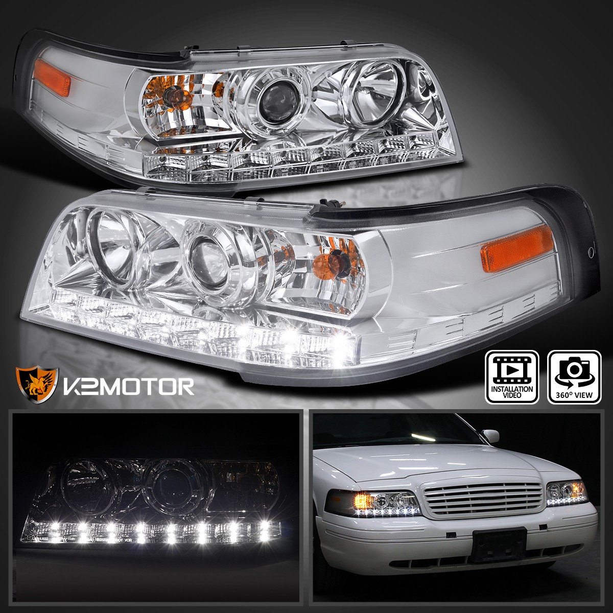Fits 1998-2011 Ford Crown Victoria LED Strip Projector Headlights Left+Right Fits 1998-2011 Ford Crown Victoria LED Strip Projector Headlights Left+Right