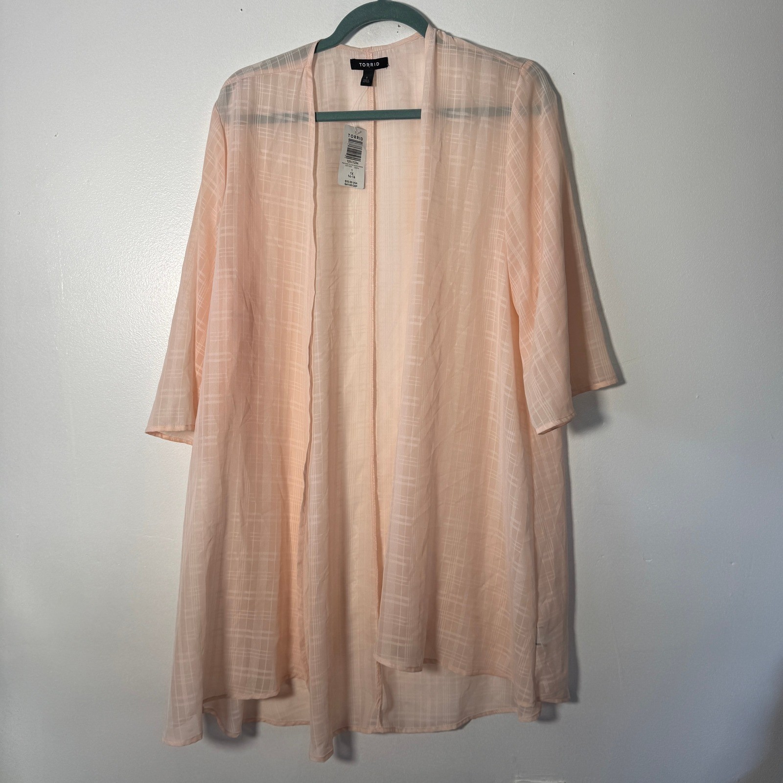 Torrid Pink Short Sleeve Duster Kimono 1X 14-16 Sheer Plaid Layering Wrap