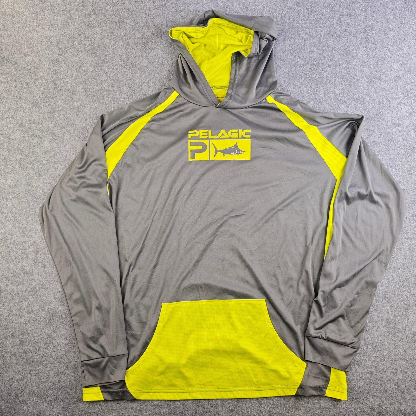 Pelagic Sun Hoodie Mens XL Gray Yellow Logo Performance Fishing Shirt
