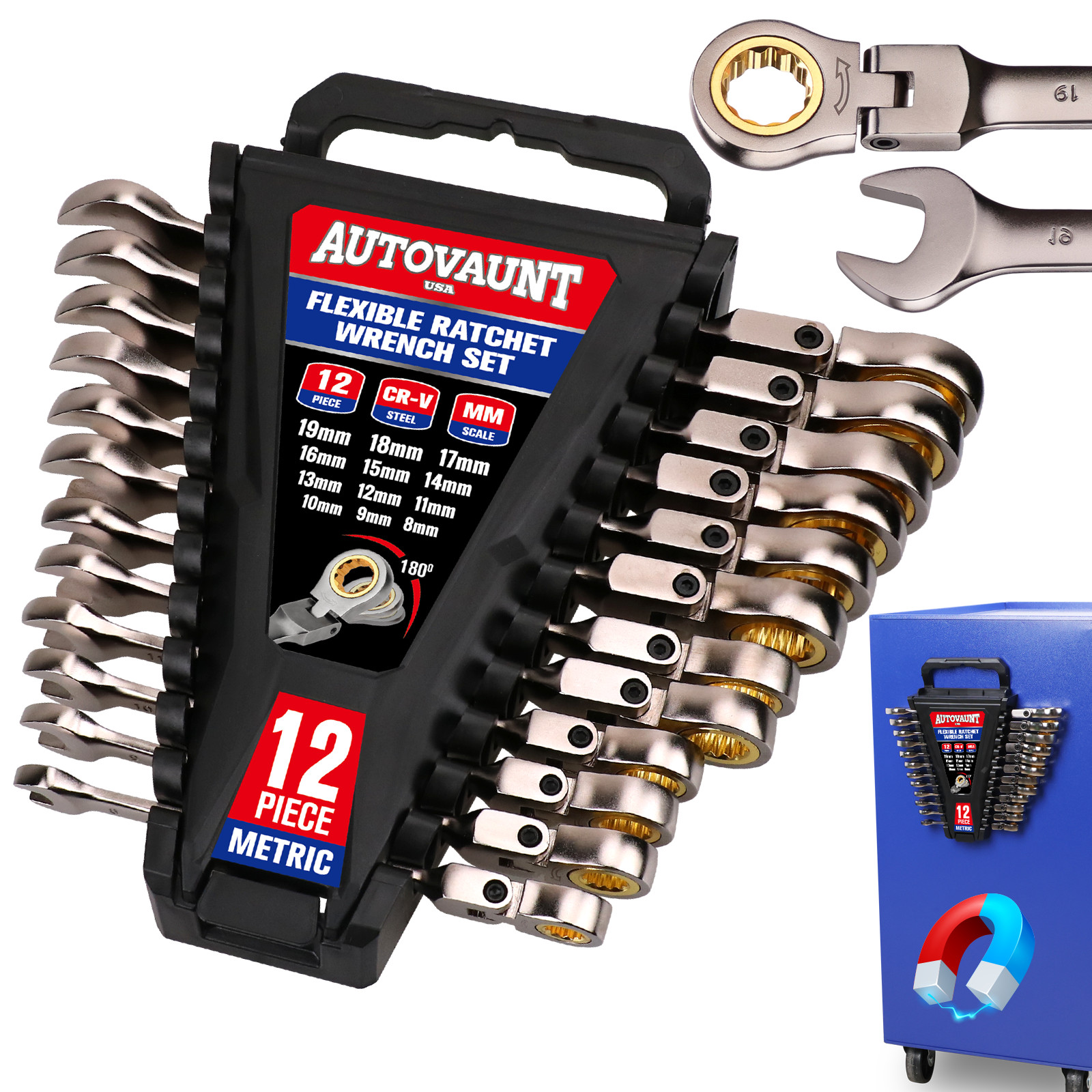 12Pc 8-19mm Metric Flexible Head Ratcheting Wrench Combination Spanner Tool Set