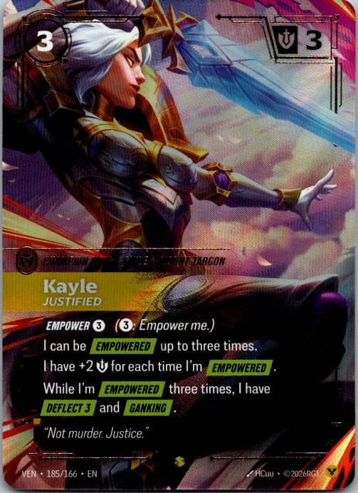 Kayle - Justified (Overnumbered) 185/166 Showcase Vendetta Riftbound Near Mint