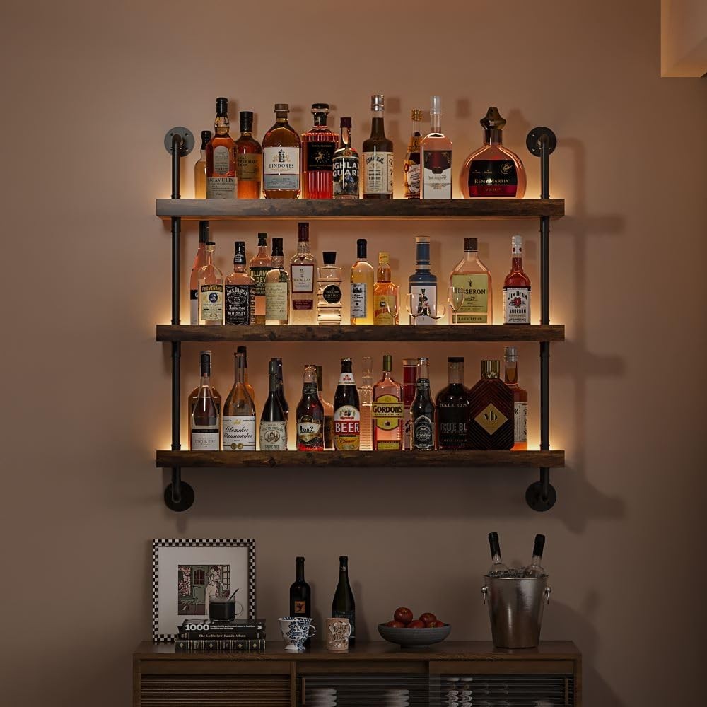3-Tier Wall Mounted Wine Rack w/ LED Liquor Bottles Floating Shelves Display 3-Tier Wall Mounted Wine Rack w/ LED Liquor Bottles Floating Shelves Display