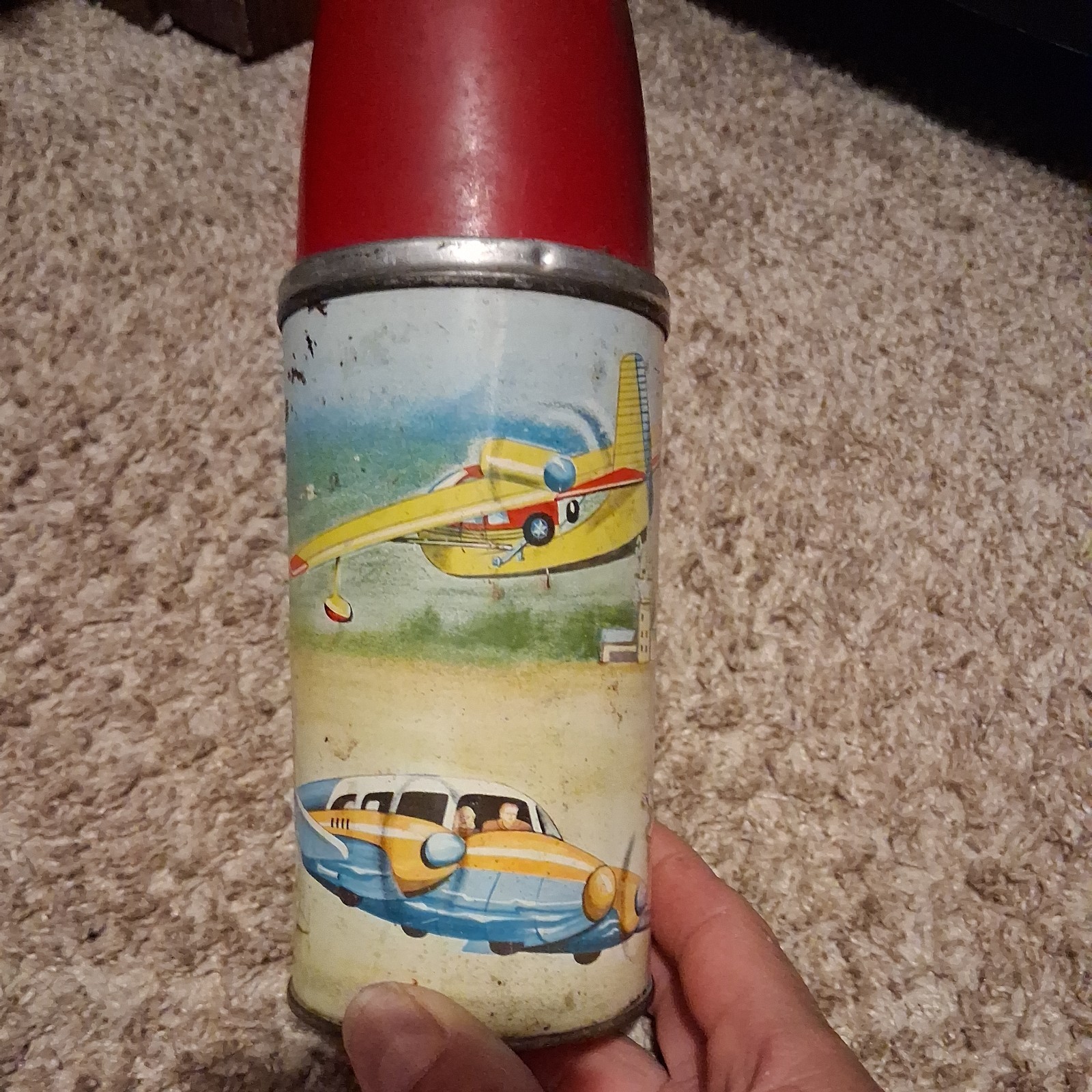 Vintage Hometown Airport ￼Home Town 1960 Airplane Dome Lunchbox Thermos￼￼ Metal