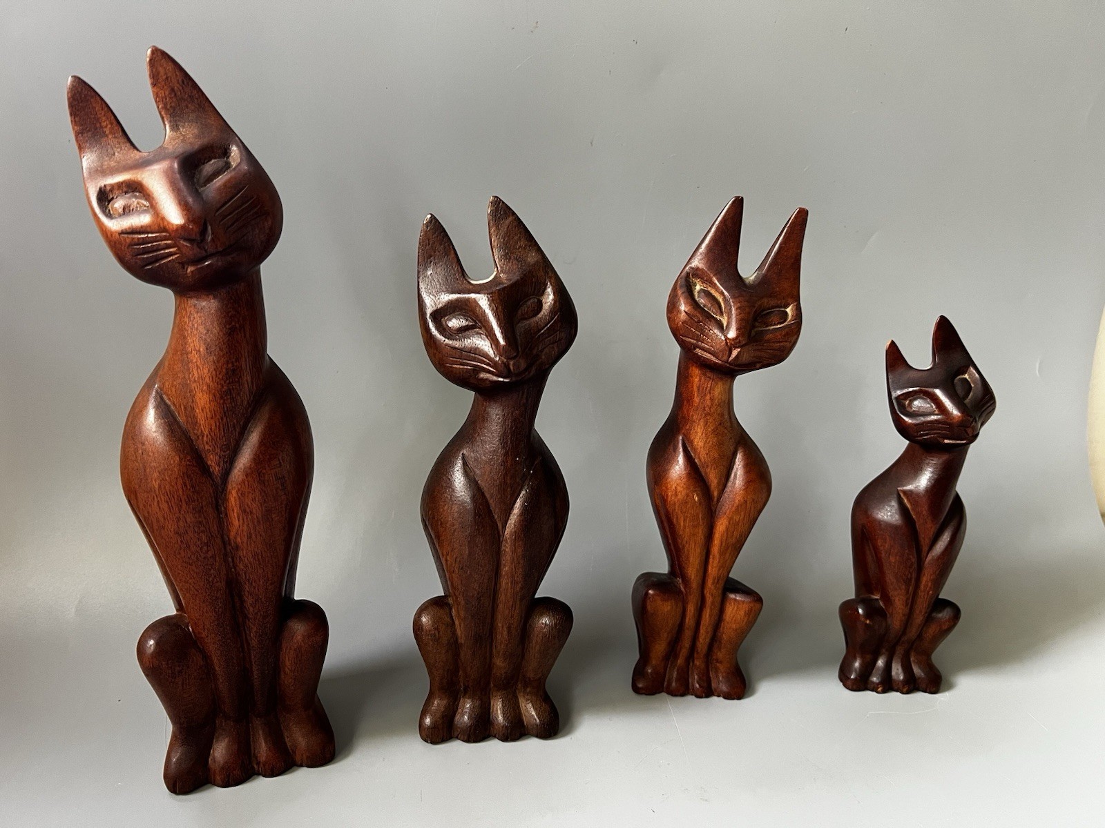 Vtg Mid Century Modern Hand Carved Wooden Cat Family Statues - Set of 4 MCM