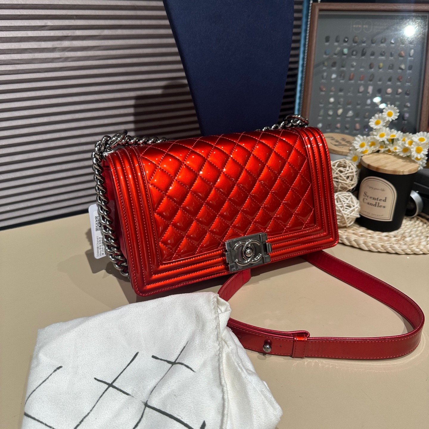 Chanel Medium Boy Flap Red Patent Leather Silver Hardware Handbag Auth