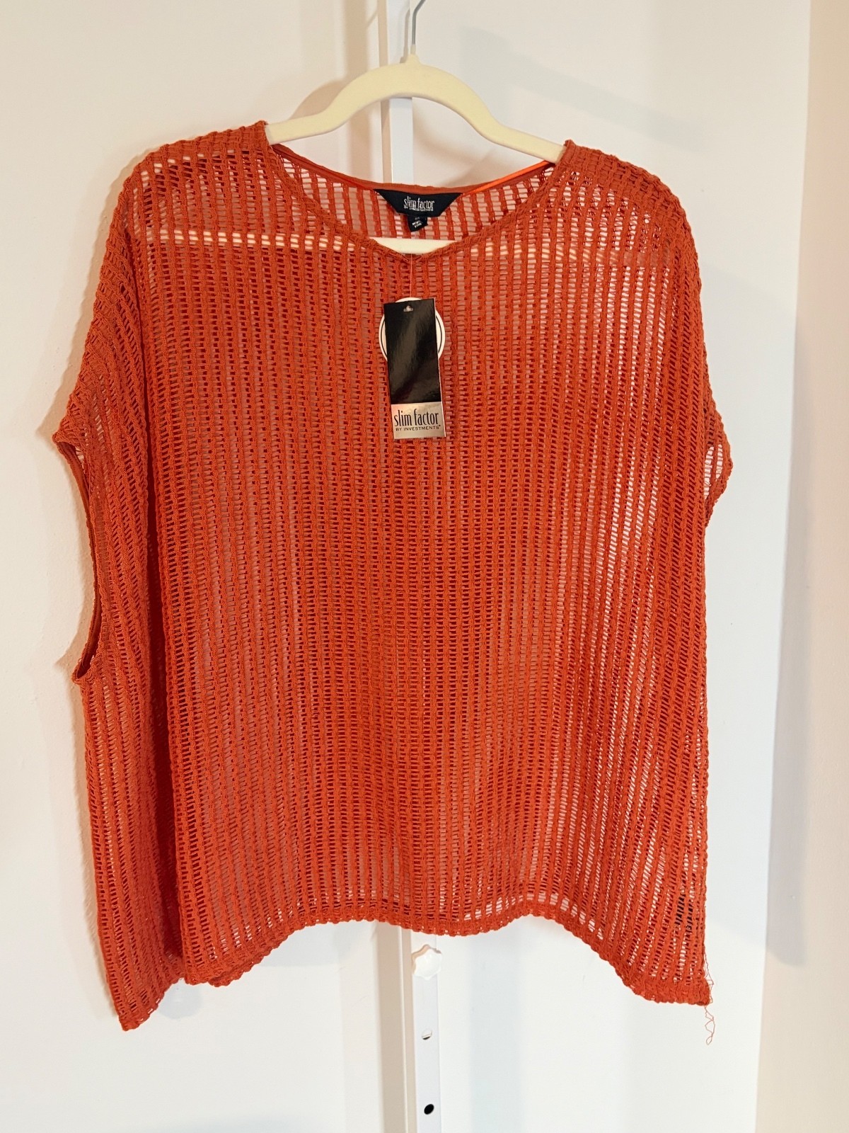 NWT Slim Factor Women's Orange Open Knit Short Sleeve Sweater Top, Size M, New