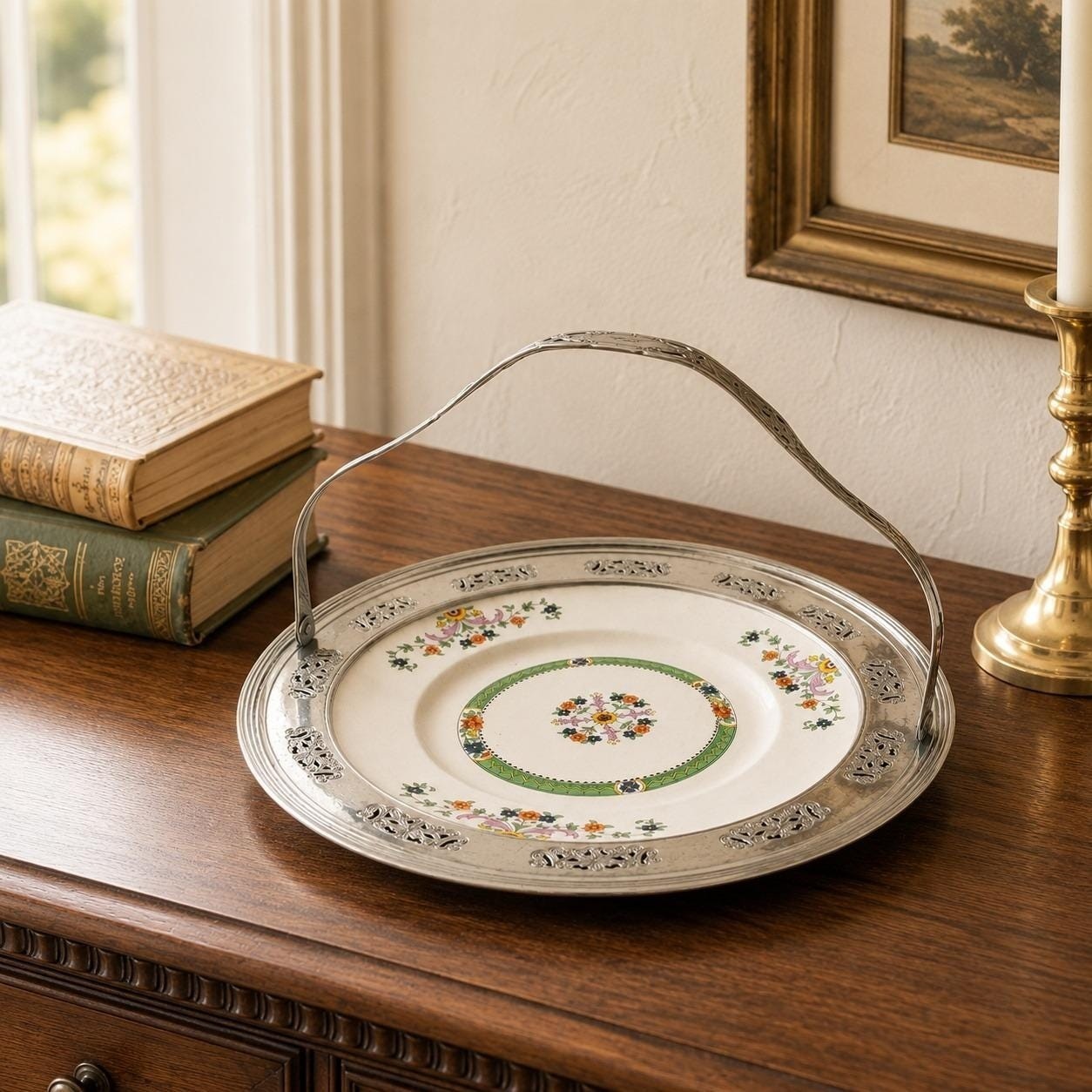 Vintage Hall China Lustreware Cake Plate, Chrome Forman Bros Handle Tray