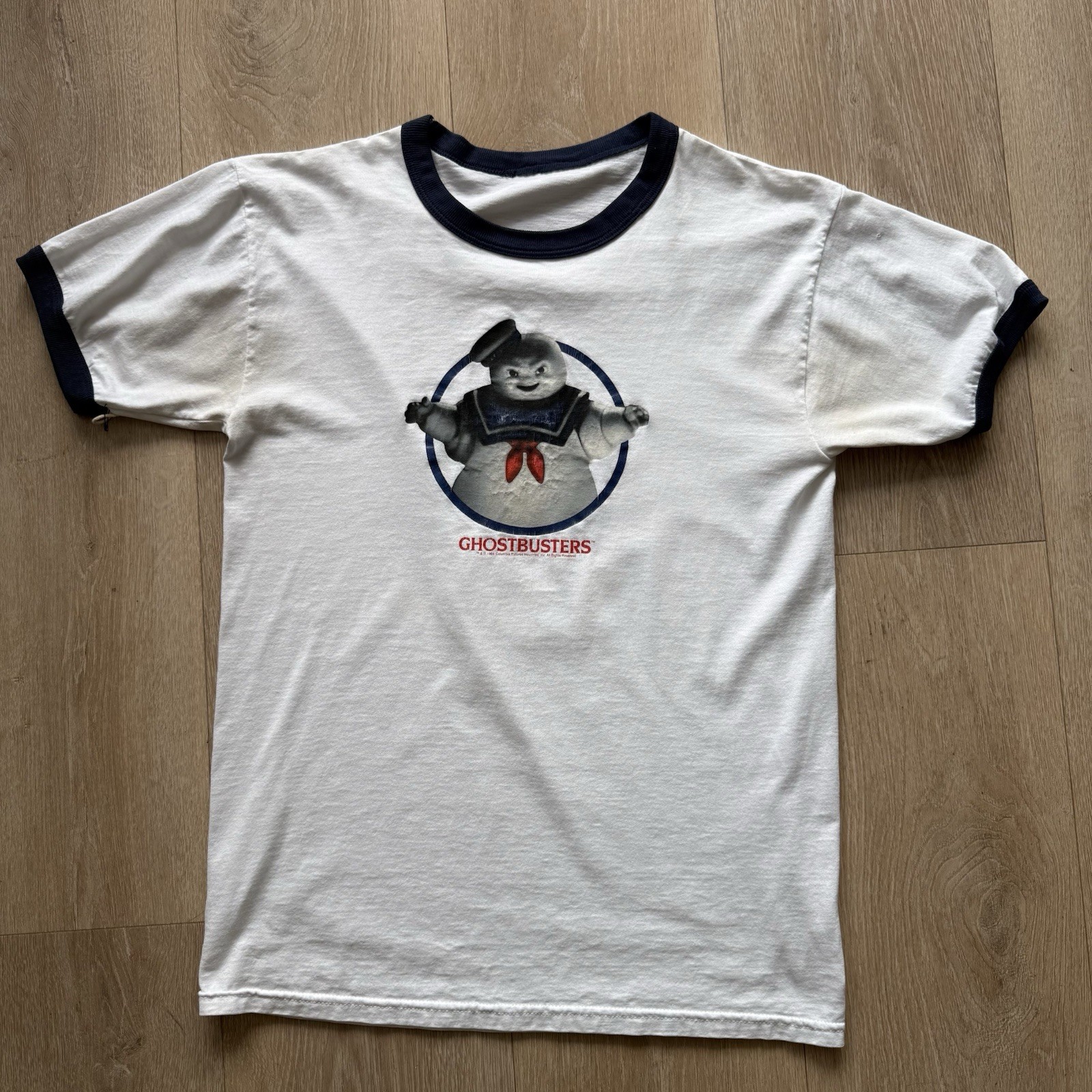 Vintage 1984 Ghostbusters Mr. Stay Puft White Ringer T-Shirt Mens Size Large