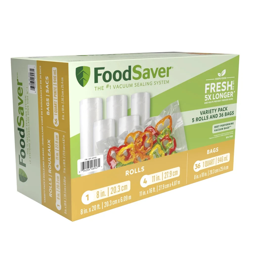 FoodSaver Vacuum Sealer Rolls & Bags Variety Pk 5 Rolls + 36 Bags Puncture Resis