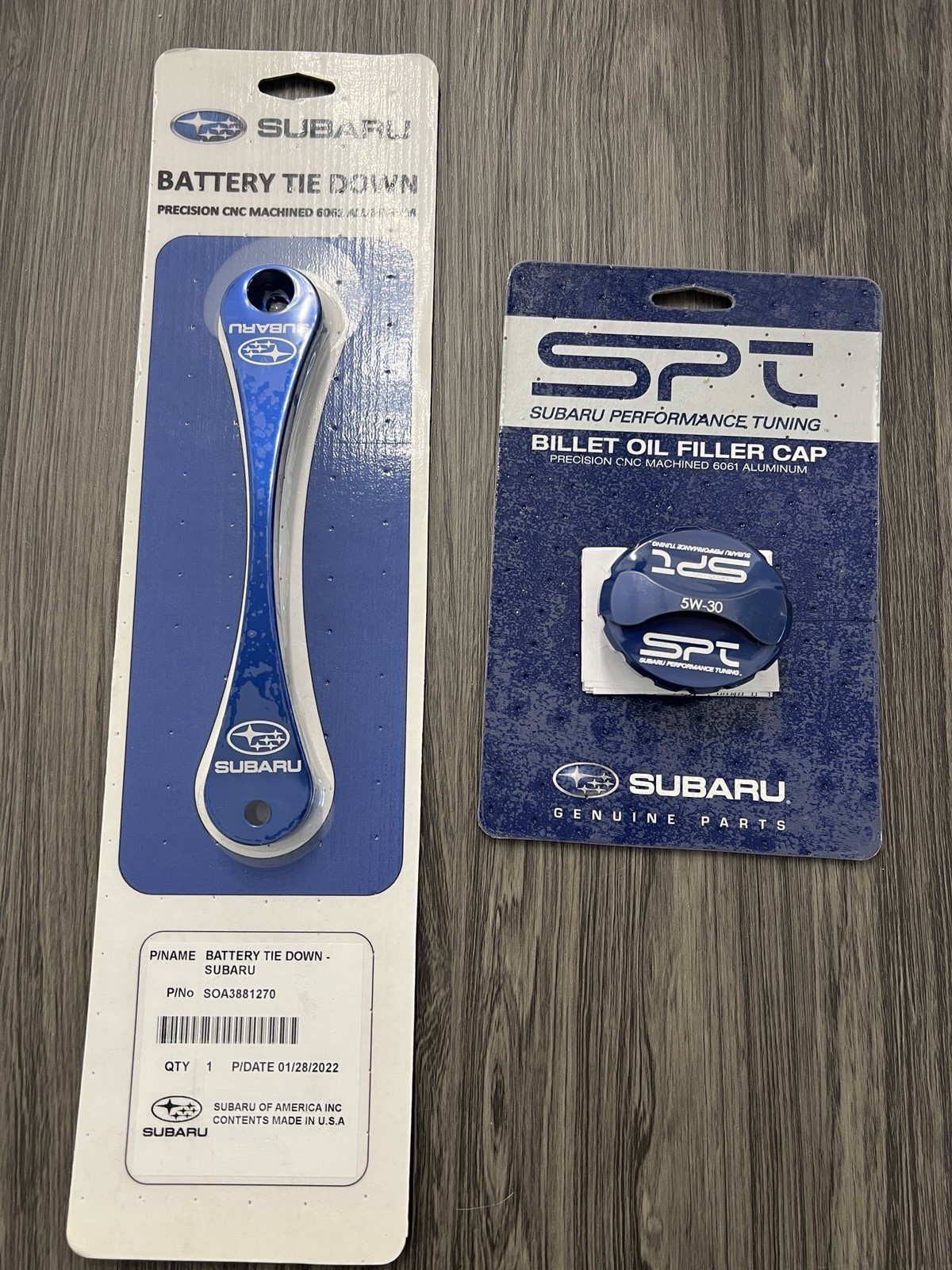 Subaru Genuine Billet Battery Tie Down And SPT OIL Cap SOA3881270 /  SOA3881230