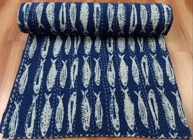 Indian King Size Hand Block print kantha Handmade Quilt Bedspread Blanket