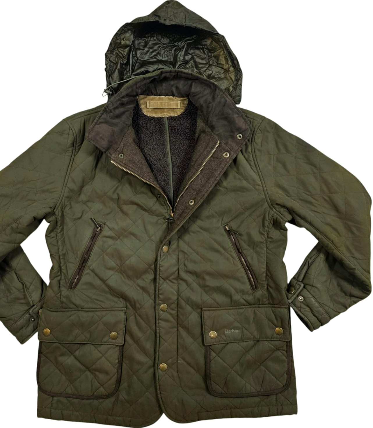 *HOT Men\'s BARBOUR @ CRANFIELD QUILTED PARKA HOODED SHERPA LINED OLIVE Jacket XL