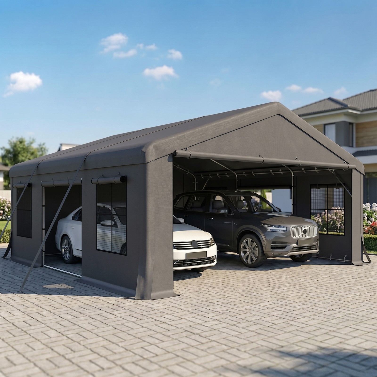 20\' x 20\' Heavy Duty Carport, Portable Garage with Doors, Windows, Dark Gray 20\' x 20\' Heavy Duty Carport, Portable Garage with Doors, Windows, Dark Gray