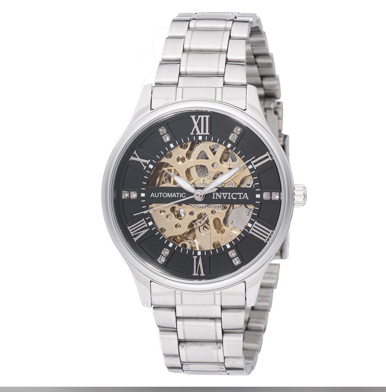 Invicta Objet D Art Men's Automatic Skeleton Dial SS Silver Bracelet Box