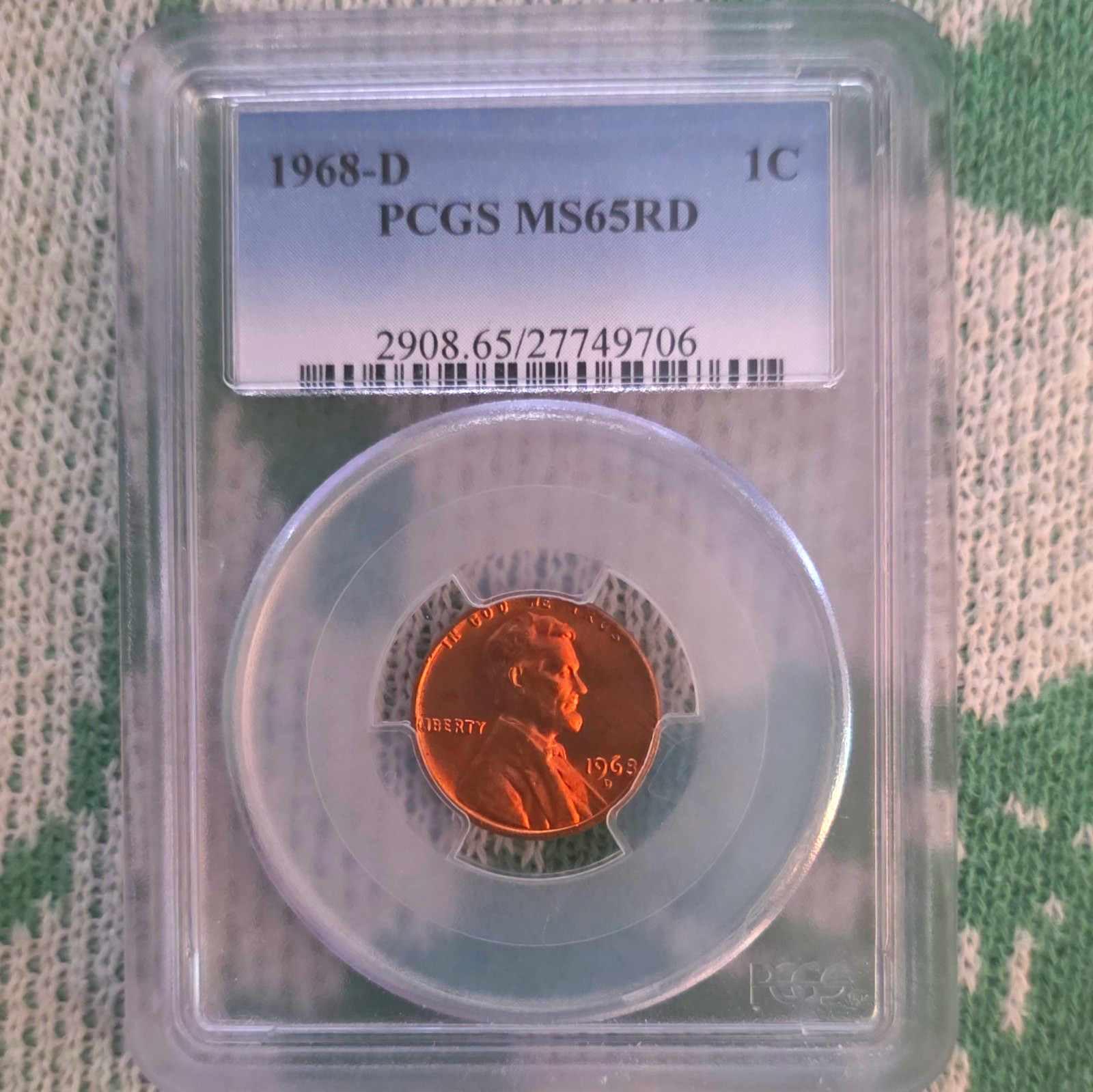 1968-D Lincoln Memorial Small Cent Bronze PCGS MS65RD RD (KM#201a)