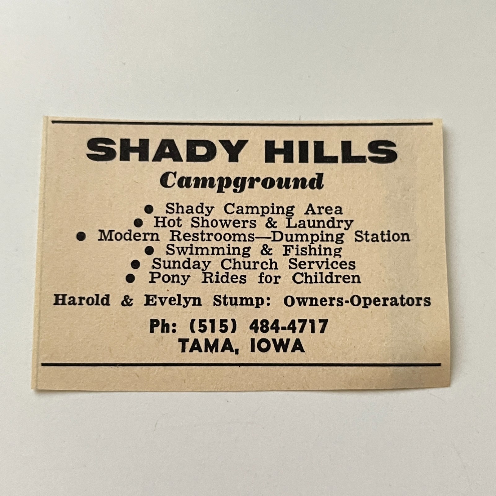Shady Hills Campground Pony Rides Harold & Evelyn Stump Tama IA 1974 Ad TAK6-S72 Shady Hills Campground Pony Rides Harold & Evelyn Stump Tama IA 1974 Ad TAK6-S72