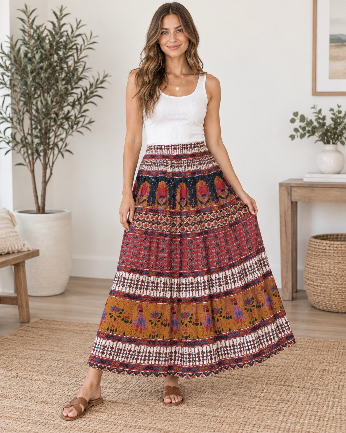 Boho Maxi Skirt Medium 100% Rayon Made in India Folk Print