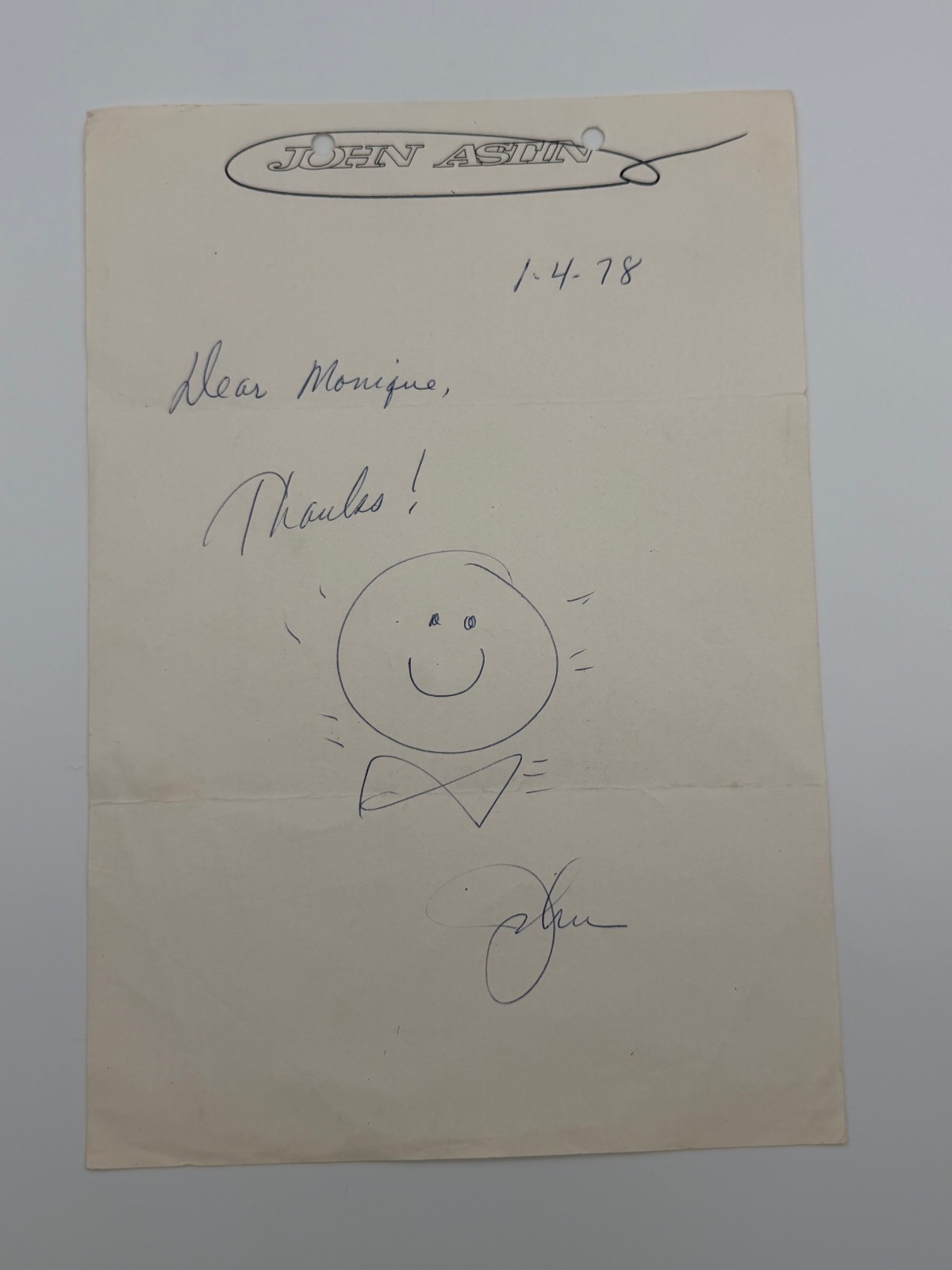 Vintage John Astin Personalized Letterhead Signed January 4, 1978 Adams Family