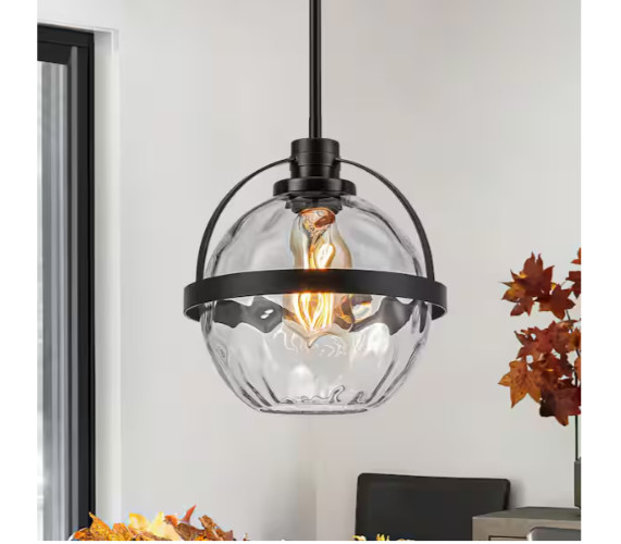 GoYeel 1-Light Matte Black Farmhouse Clear Hammered Glass Hanging Pendant Light