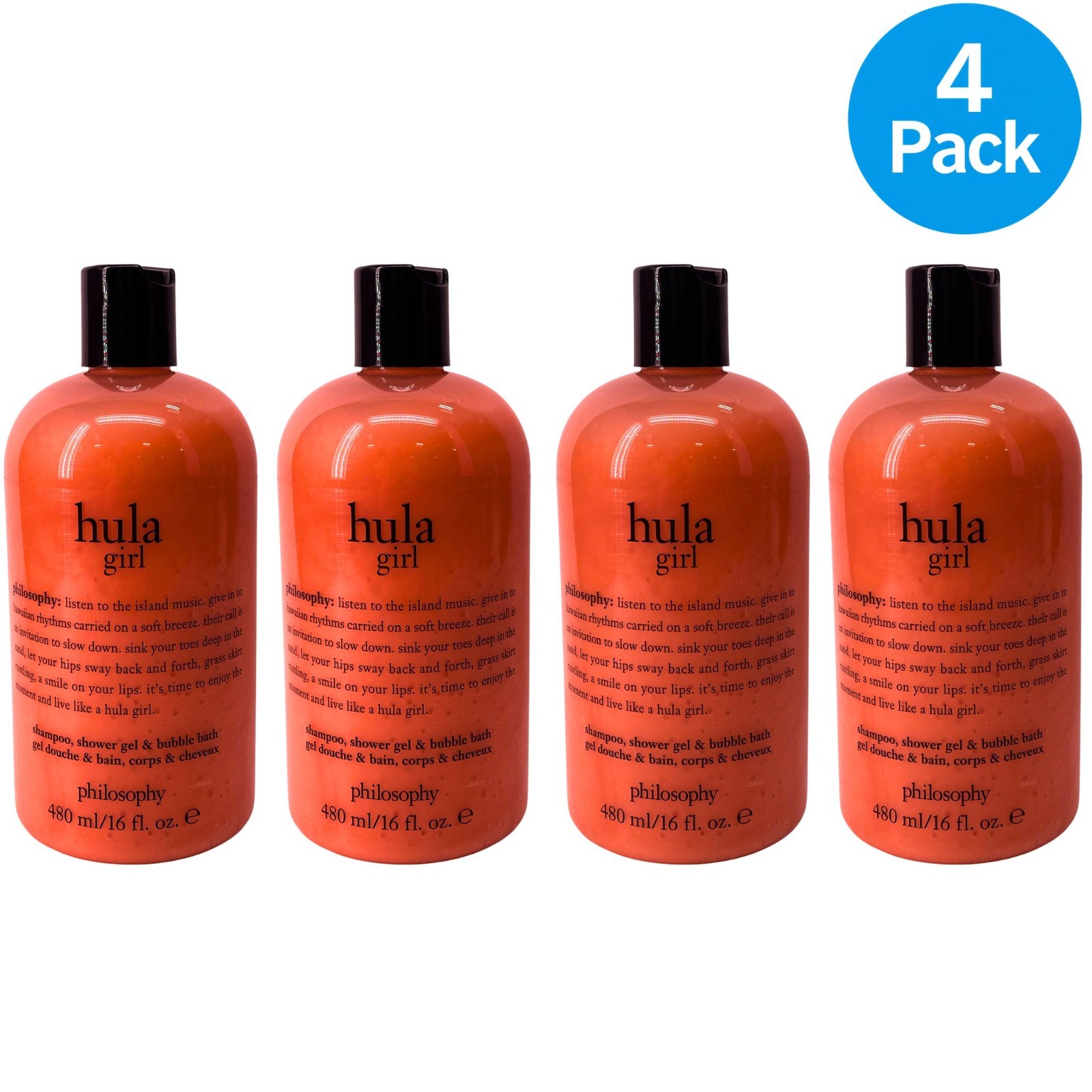 Philosophy Hula Girl Shampoo Shower Gel & Bubble Bath 16 fl oz 4 Pack Bundle Philosophy Hula Girl Shampoo Shower Gel & Bubble Bath 16 fl oz 4 Pack Bundle