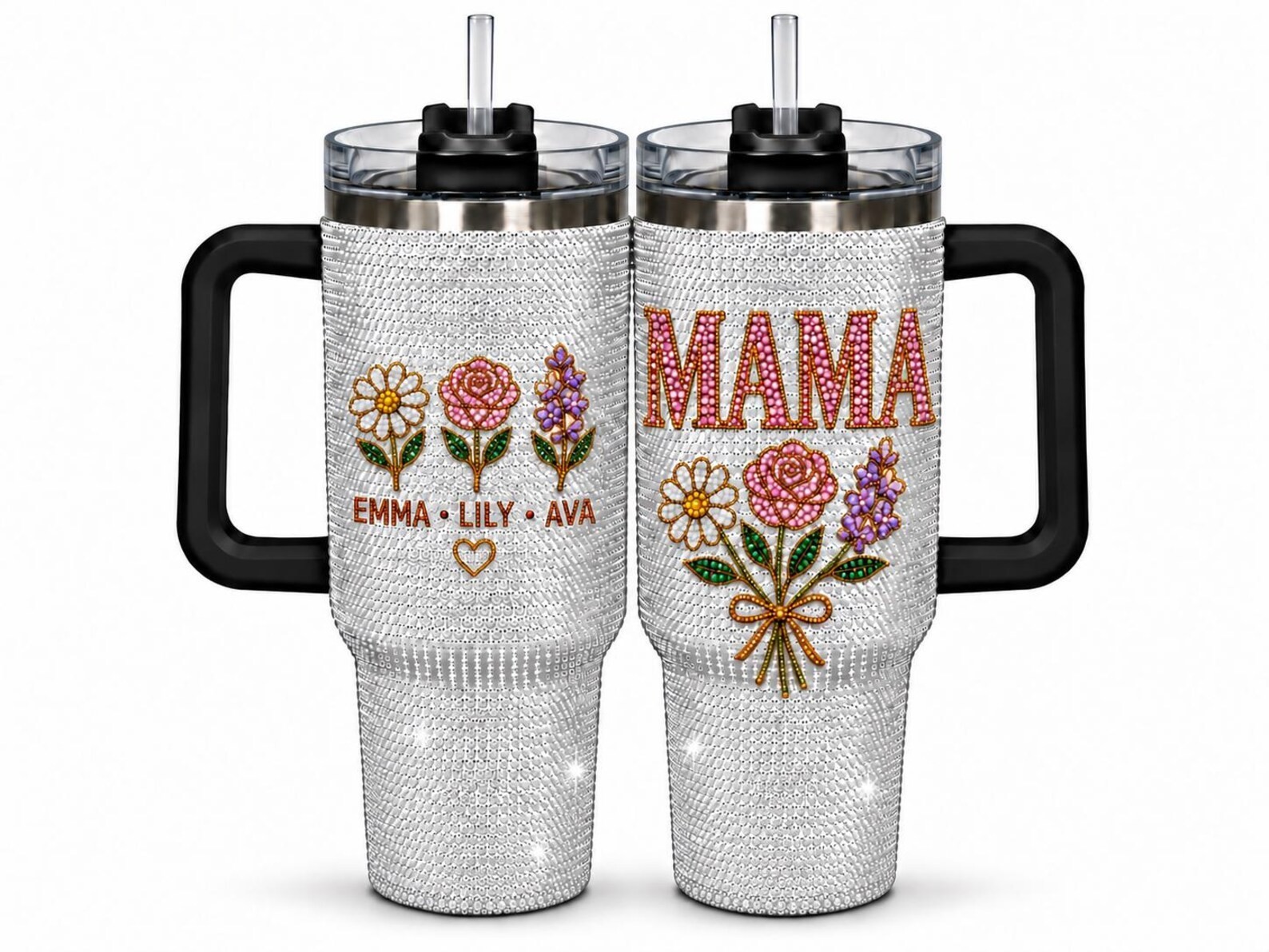 Personalized Mama Birth Flower Tumbler, Custom Kids Names 40oz Rhinestone Cup