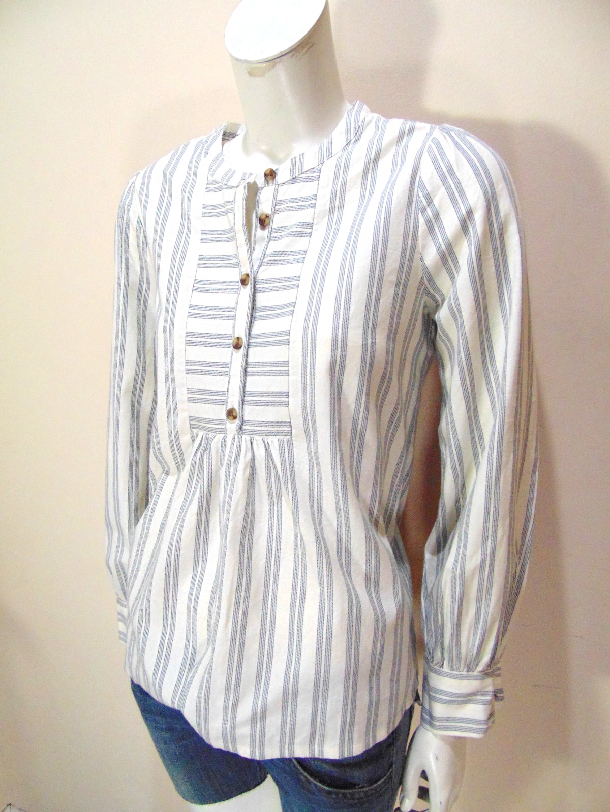 Madewell Tunic Shirt Womens Small White Striped Stretch Top 1/4 Button Pullover