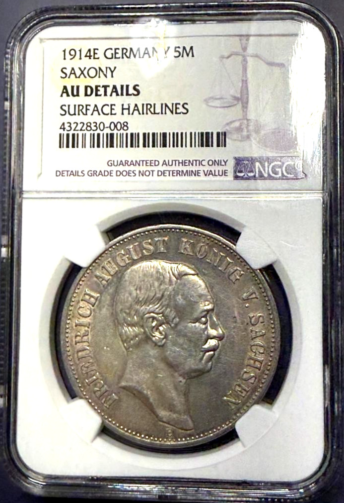 (256) Germany/ Saxony, 1914-E, 5 Mark, very large coin, NGC-AU, Superb coin