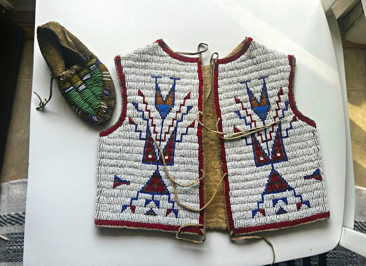 1880 Native American Beaded Vest w/ Geometric Pattern & Matching Beaded Moccasin