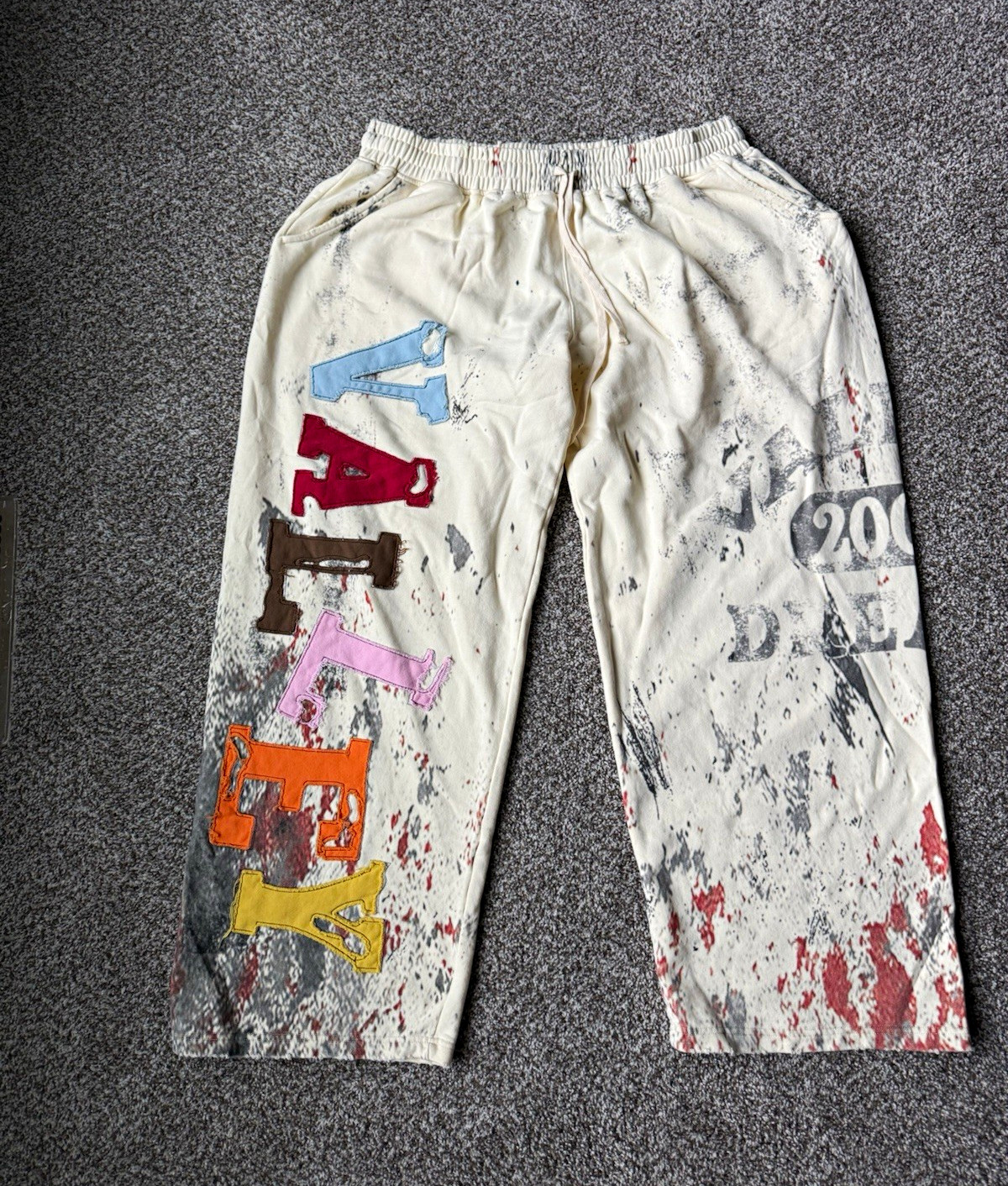 VALE Men\'s L Cotton Sweatpants Beige Multicolor Graphic Drawstring Elastic