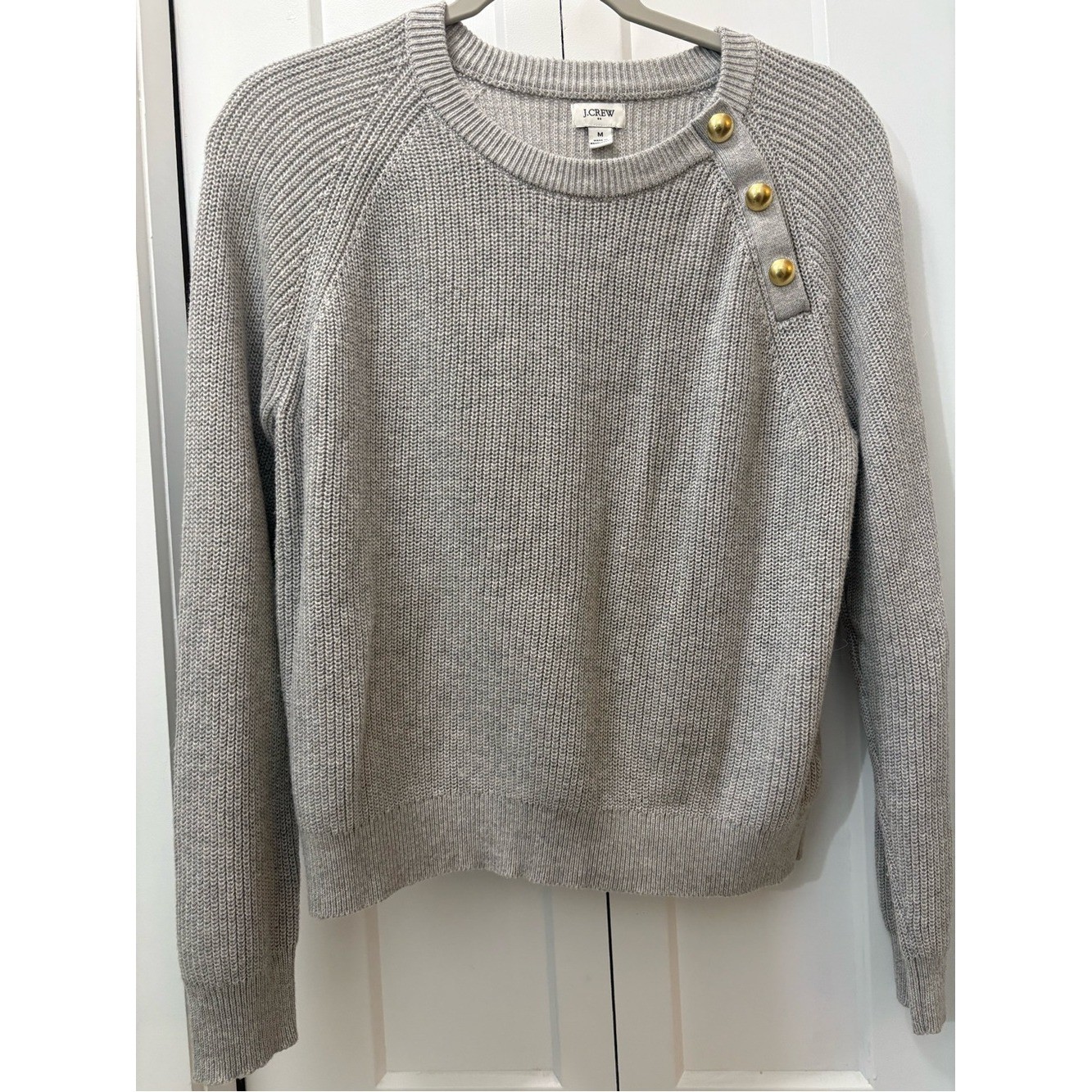J. Crew Light Gray Crewneck Sweater with Gold Shoulder Buttons size M