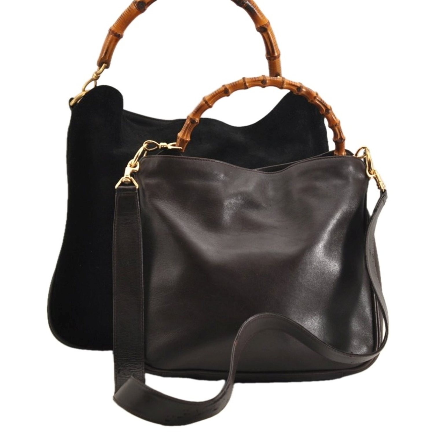 Auth GUCCI Bamboo 2Way Shoulder Hand Bag Suede Leather Black Brown 2Set AC956