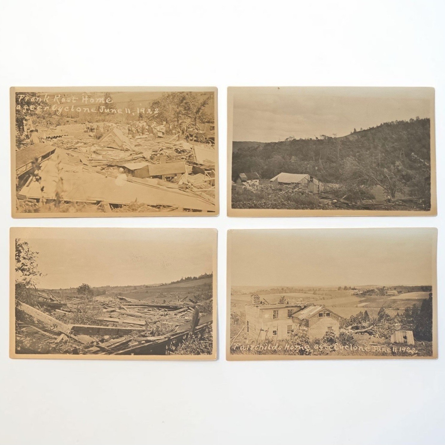 Lot of 4 RPPC Postcards Cyclone Aftermath Dushore PA 6/11/1922 Storm Damage
