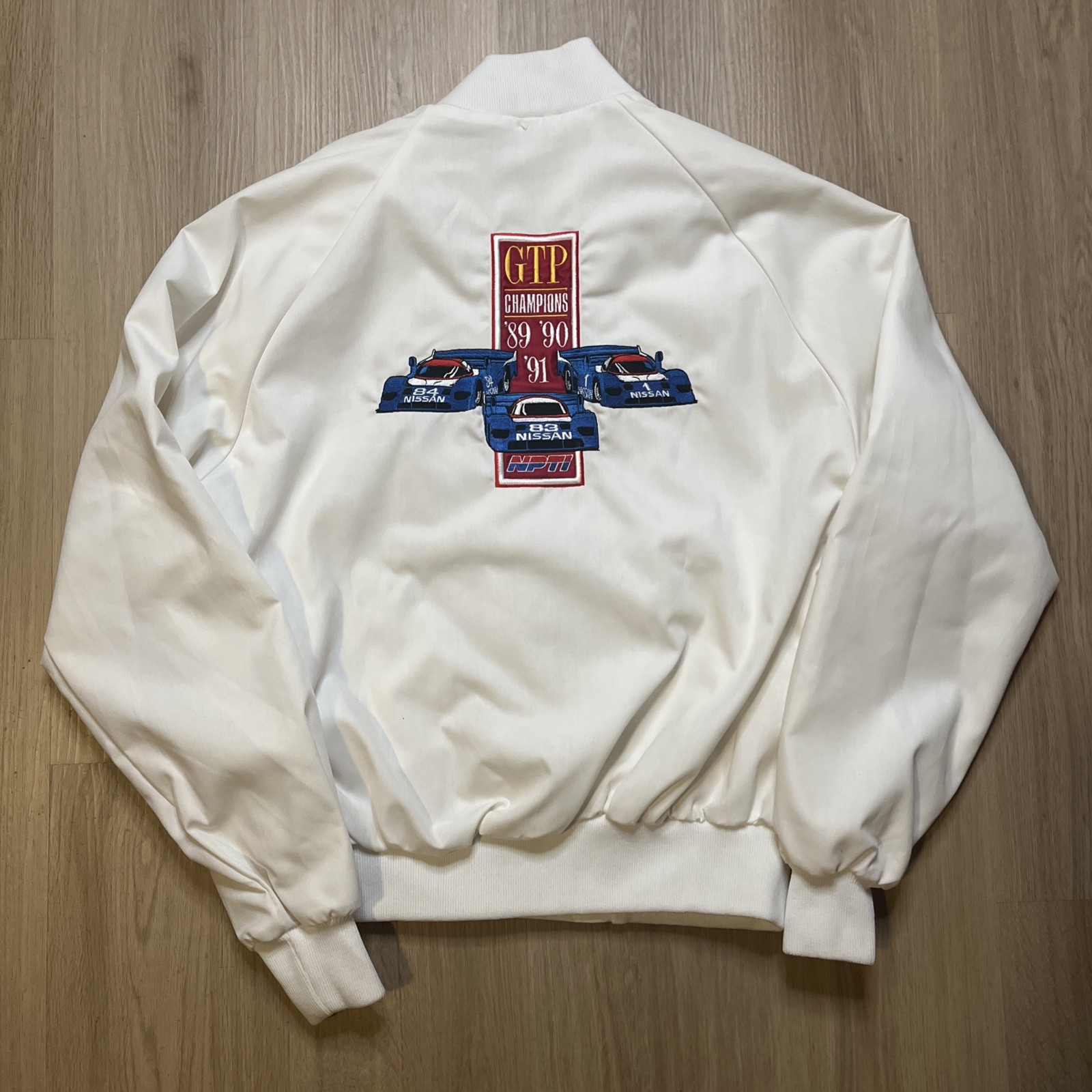 Vintage Nissan Racing Jacket Large White NPTI GTP Champions 90s Vintage Nissan Racing Jacket Large White NPTI GTP Champions 90s