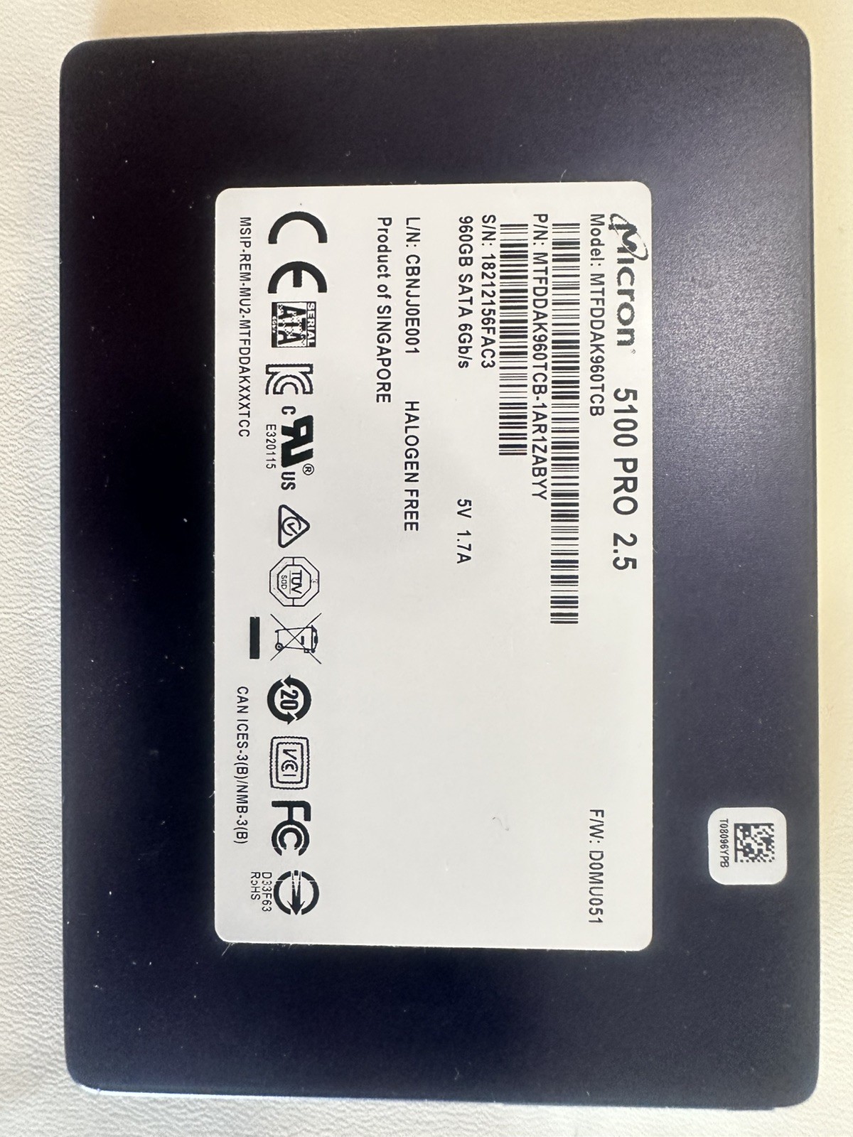MICRON 960GB 5100 PRO 6G SATA 2.5 MICRON 960GB 5100 PRO 6G SATA 2.5