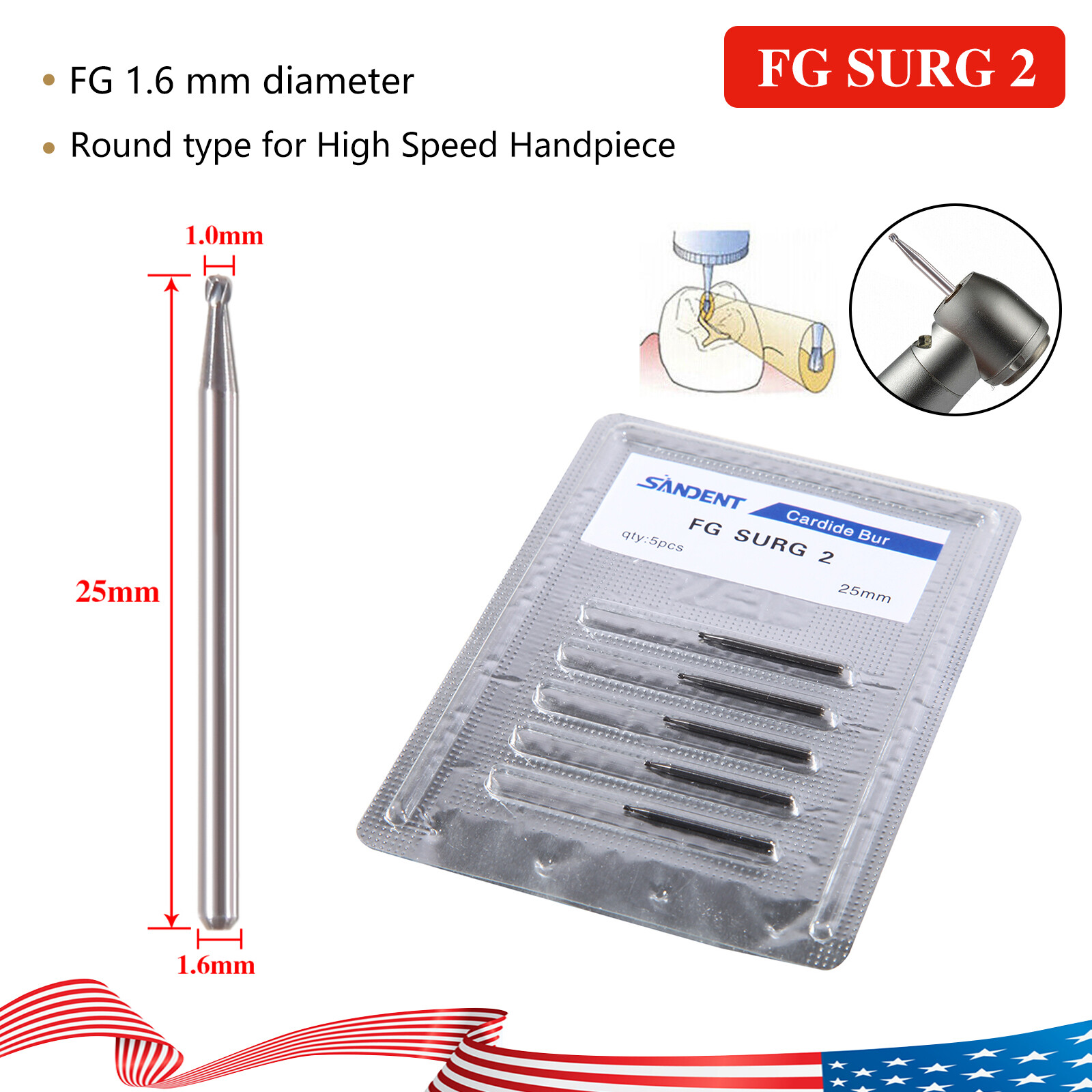 1-20 X Dental Surgical Length Bur Round Tungsten Carbide 25mm FG SURG FGOS