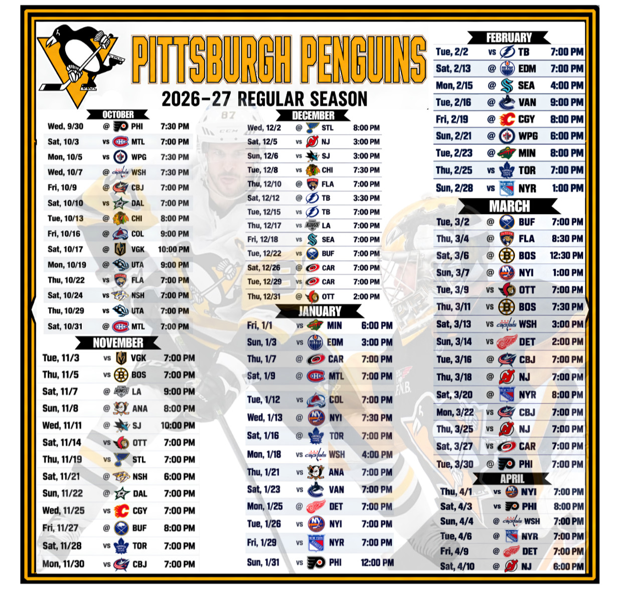 Pittsburgh Penguins Hockey Schedule 2026-27 Season Laminated Cardstock (8x8\ Pittsburgh Penguins Hockey Schedule 2026-27 Season Laminated Cardstock (8x8\
