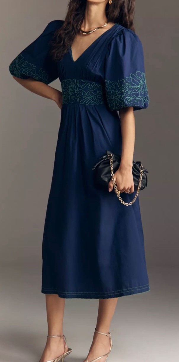 Anthropoligie Puff Sleeve Dress Tie Backless Blue/Green Details Sz Med Petite Anthropoligie Puff Sleeve Dress Tie Backless Blue/Green Details Sz Med Petite