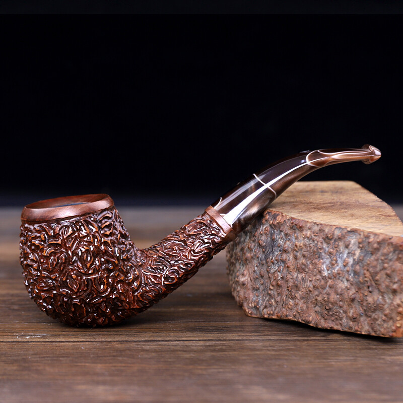 MUXIANG Rusticated Briar Tobacco Pipe 9mm Filter Carved Pipe Bent Taper Stem