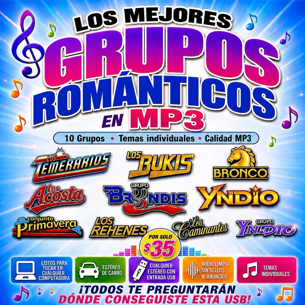 Memoria USB – Grupos Románticos en MP3 – $35 – Envío GRATIS