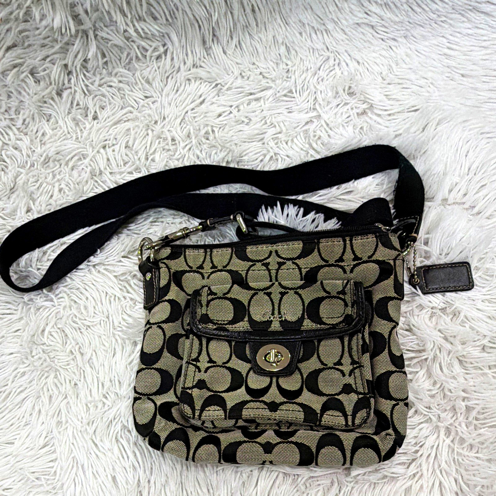 Coach Black Gray Signature Logo Crossbody Bag Zip Silver Hardware Purple Lined Coach Black Gray Signature Logo Crossbody Bag Zip Silver Hardware Purple Lined