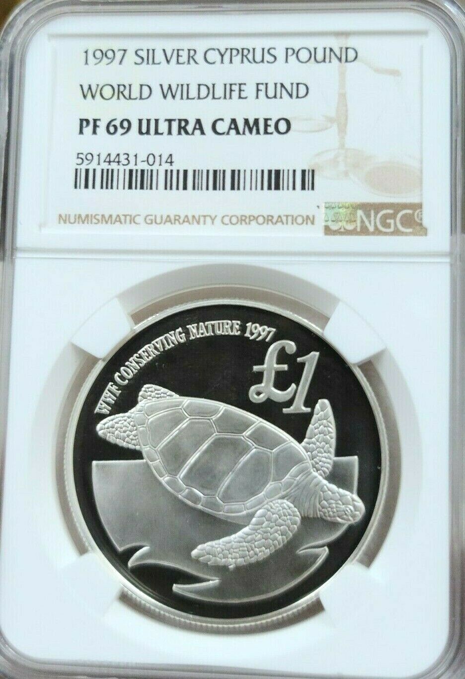 1997 CYPRUS SILVER 1 POUND GREEN SEA TURTLE NGC PF 69 ULTRA CAMEO RARE TOP POP 1