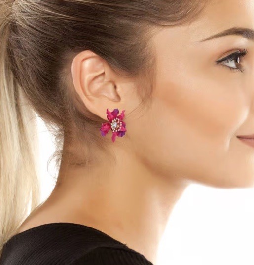 NEW Betsey Johnson Gold Plated Metal Orchid Earrings In Pink 1.5”