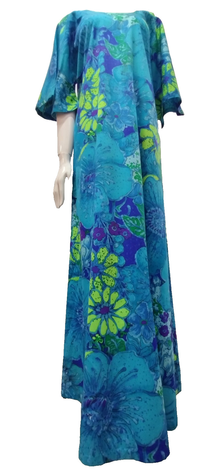 Vintage Draper\'s TWO POTATO Maxi Dress M/L Barkcloth Neon Turquoise Huge Flowers Vintage Draper\'s TWO POTATO Maxi Dress M/L Barkcloth Neon Turquoise Huge Flowers